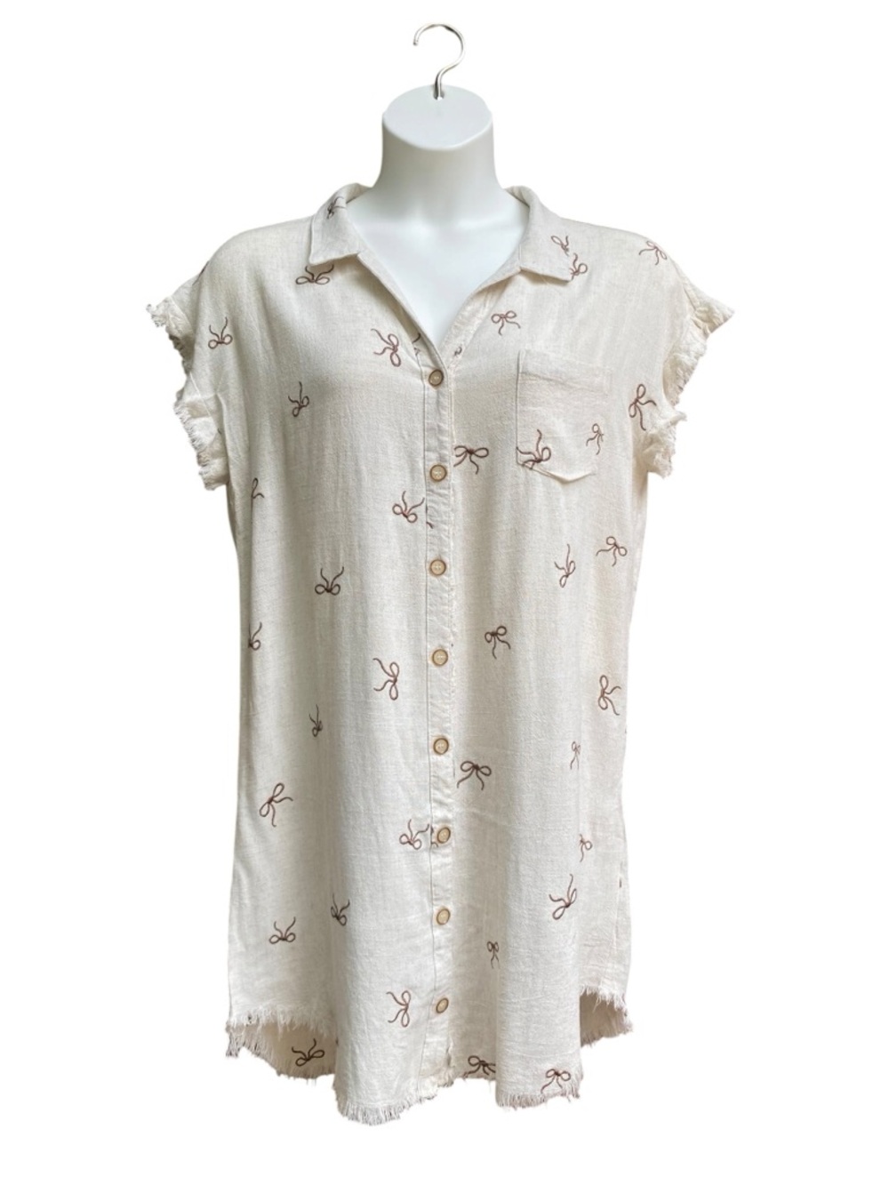 Umgee Ivory Brown Embroidered Bow Dress Linen Cotton Boho Womens Size Large NWT